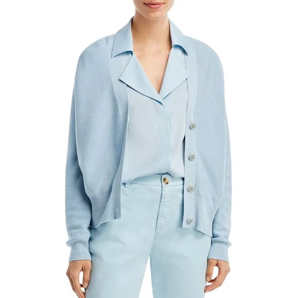 NWT HUGO BOSS Breta Short Sleeve Stretch Silk Blouse Blue Dust 2 Collared Top - Picture 5 of 5